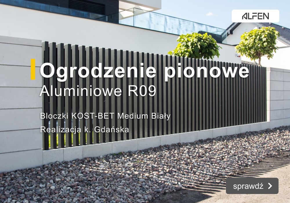 Ogrodzenie pionowe nowoczesne aluminiowe Alfen R09 z bloczkami KOST-BET Medium - Dostawa i montaż k. Gdańska